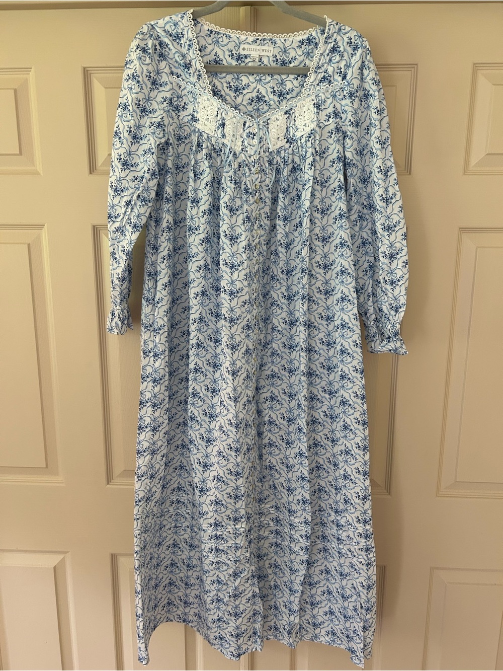 Eileen West Blue and White Floral Bow Maxi Nightgown with Lace Detail